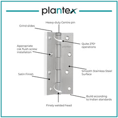 Plantex Heavy Duty Stainless Steel Door Butt Hinges 5 inch x 12 Gauge/2.5 mm Thickness Home/Office/Hotel for Main Door/Bedroom/Kitchen/Bathroom - Pack of 3 (Satin Matt)