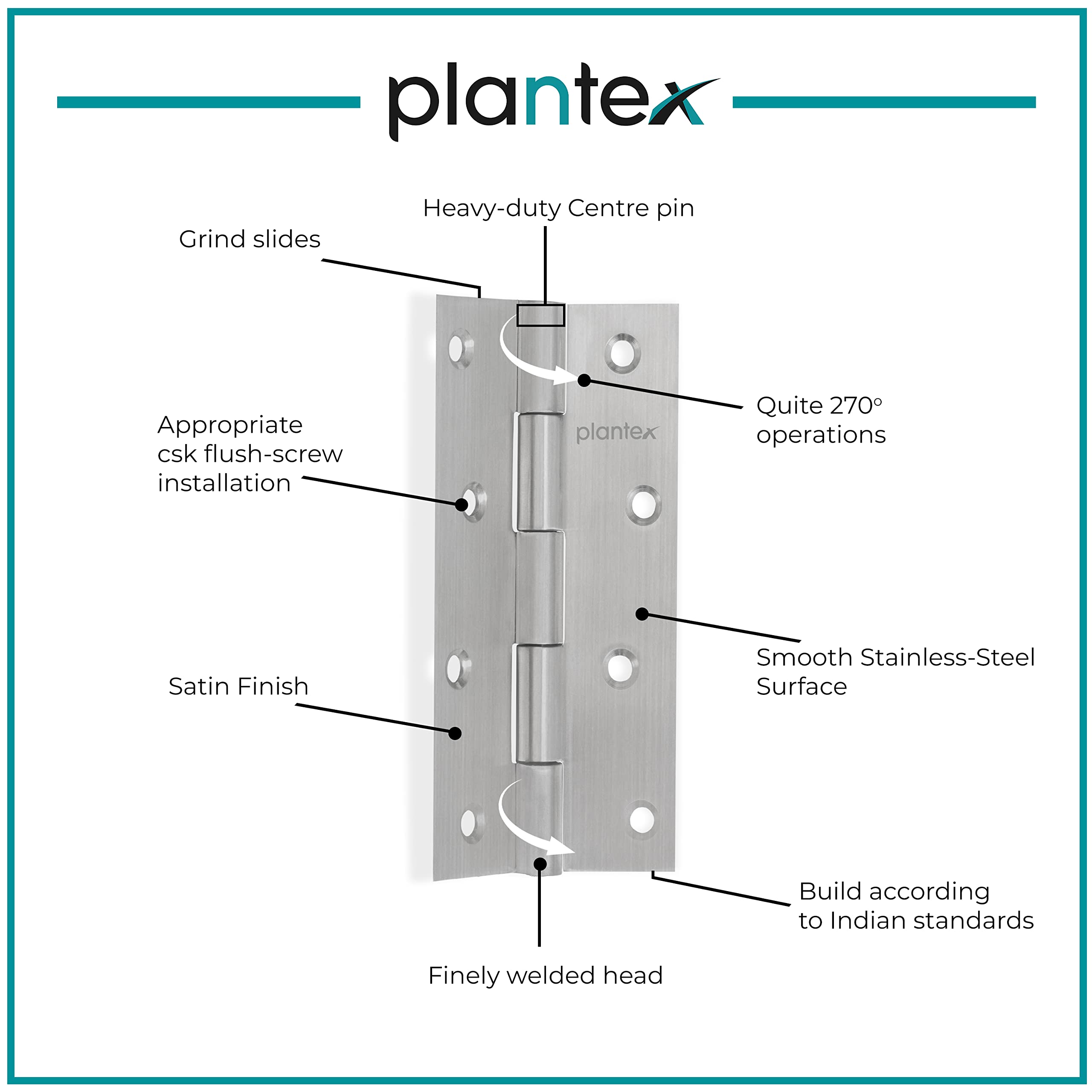 Plantex Heavy Duty Stainless Steel Door Butt Hinges 5 inch x 12 Gauge/2.5 mm Thickness Home/Office/Hotel for Main Door/Bedroom/Kitchen/Bathroom - Pack of 48 (Satin Matt)