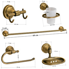 Plantex 304 Grade Stainless Steel Bathroom Accessories Set of 5 - Towel Rod/Hand Napkin Hanger for Wash Basin/Soap Case/Toothbrush Holder/Robe Hook - Niko (Brass Antique)