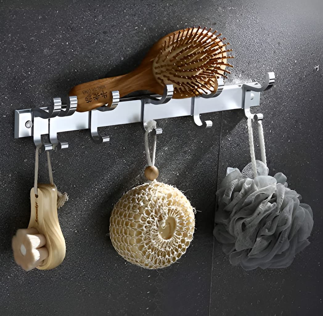 Plantex Aluminium Hook Rail with Movable Hooks for Bathroom/Hook Rail for Cloth/Towel Hanger (6 Hooks) - Silver