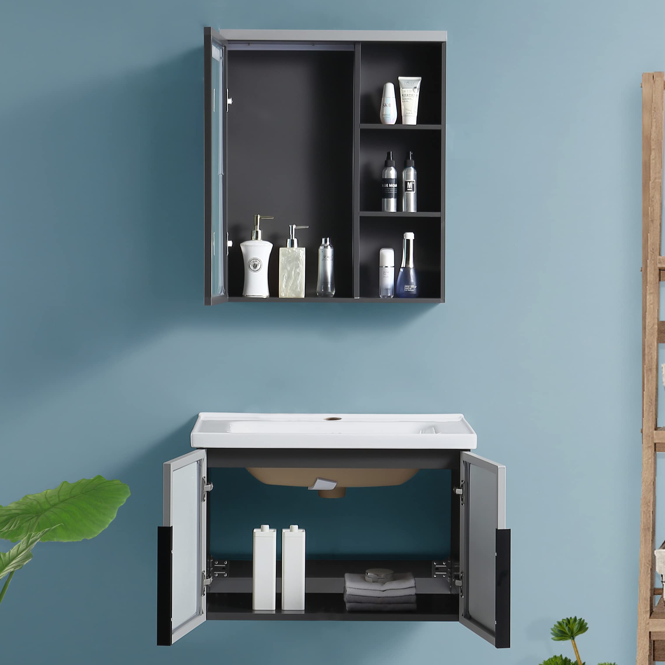 Plantex Aluminum Bathroom Vanity Cabinet Set/LED Light Glass Mirror Cabinet/Ceramic Basin for Bathroom - Pack of 1 (APS-1100-70-Grey)