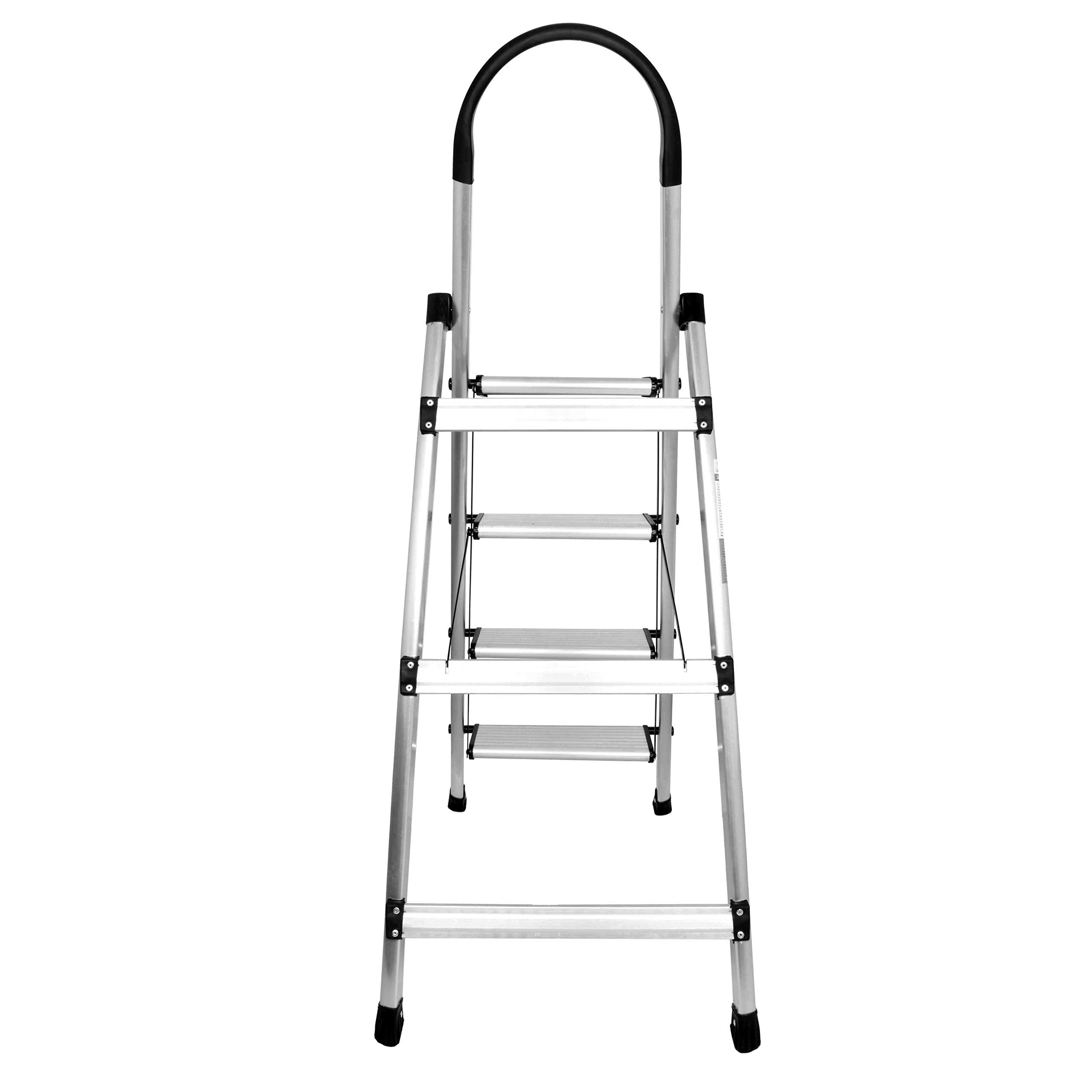 Plantex Premium 4 Step Folding Aluminium Ladder for Home Use/Wide Anti Skid Step Ladder(Anodize-Silver)