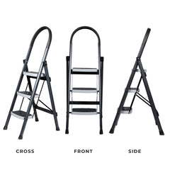 Plantex Ladder for Home-Foldable Steel 3 Step Ladder-Wide Anti Skid Steps (Gray & White)