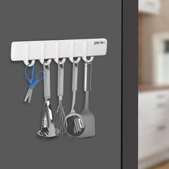 Plantex ABS Plastic Magnetic Hook Rail with J-Shape Hooks for Walls of Bathroom/Kitchen Hookrail Bar for Hanging Clothes/Towel/Keys - Pack of 1 (5 Hooks-White)