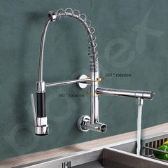Plantex Designer Sink Faucet Brass Wall Mount Sink Tap With 2 Spout/ Double Handle High Arc (360 degree) Spring Pull Out Tap For Kitchen Sink (Chrome & Black)