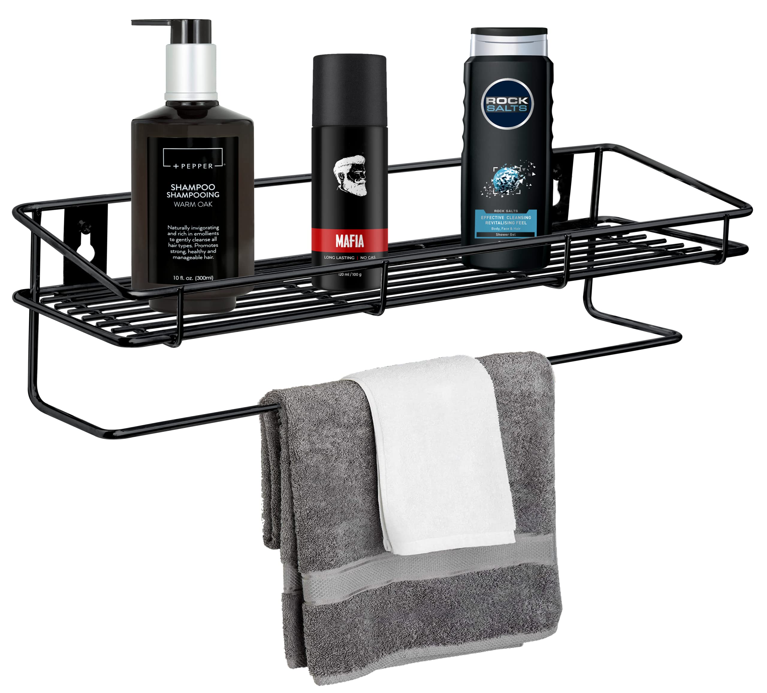 Plantex GI Steel Multipurpose Bathroom Shelf/Rack/Towel Holder/Bathroom Accessories - Wall Mount (Black)