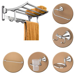 Plantex Stainless Steel Folding Towel Rack with Stainless Steel 304 Grade Niko Bathroom Accessories Set 5pcs (Towel Rod/Napkin Ring/Tumbler Holder/Soap Dish/Robe Hook)