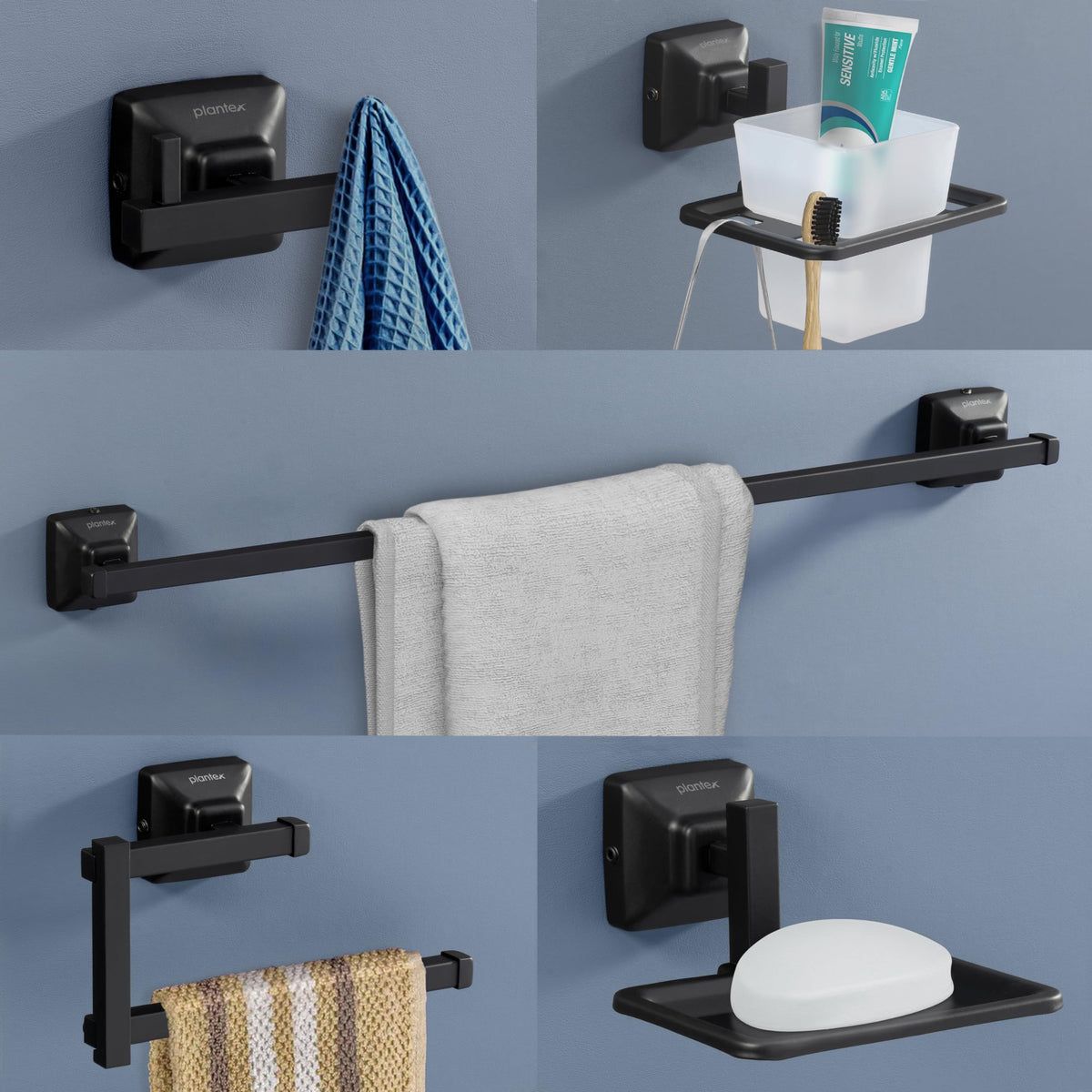 Plantex 304 Grade Stainless Steel Bathroom Accessories Set of 5 - Towel Rod/Hand Napkin Hanger for Wash Basin/Soap Case/Toothbrush Holder/Robe Hook - Squaro (Black)