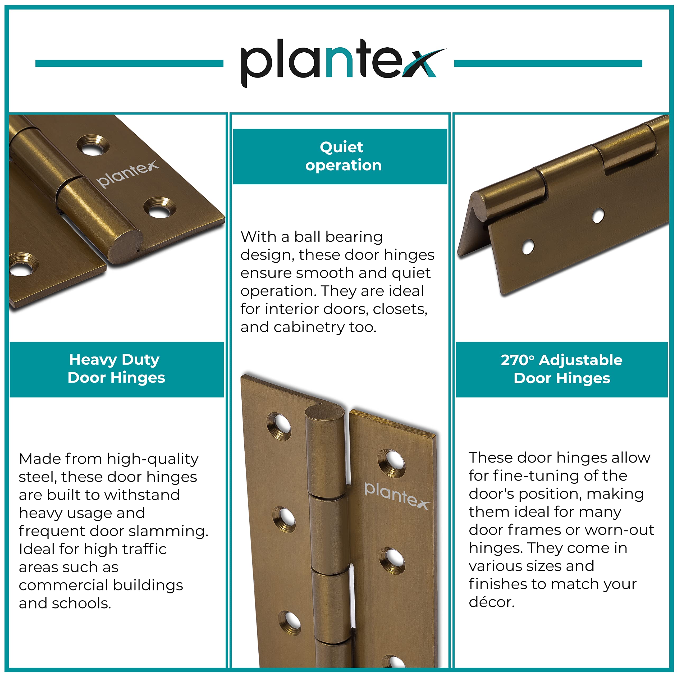 Plantex Heavy Duty Stainless Steel Door Butt Hinges 3 inch x 16 Gauge/1.5 mm Thickness Home/Office/Hotel for Main Door/Wooden/Bedroom/Kitchen - Pack of 12 (Brass Antique)