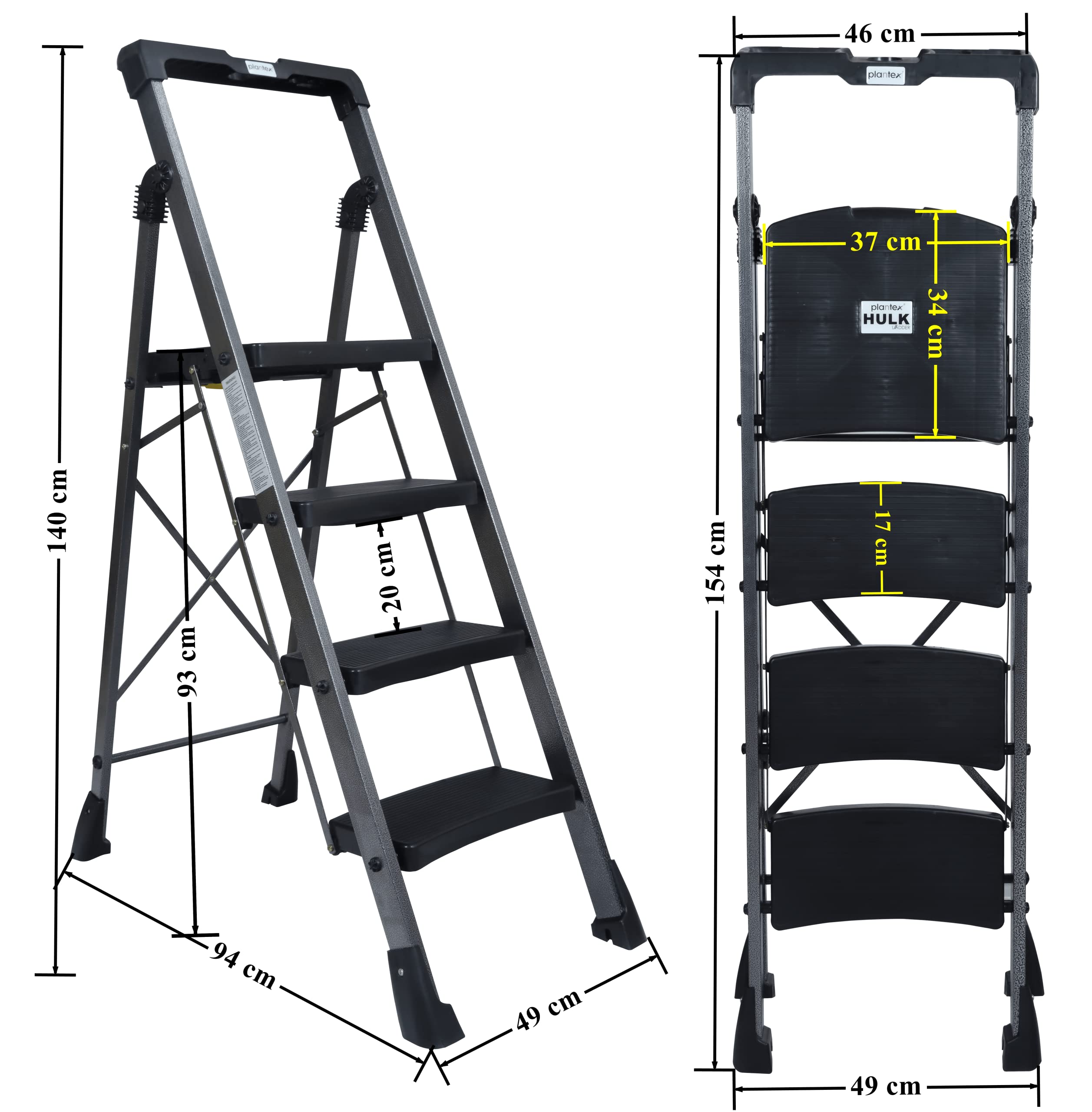 Plantex Heavy-Duty Mild-Steel Hulk Folding 4 Step Ladder for Home with Advanced Locking System - 4 Wide Step Ladder(Grey-Metallic)