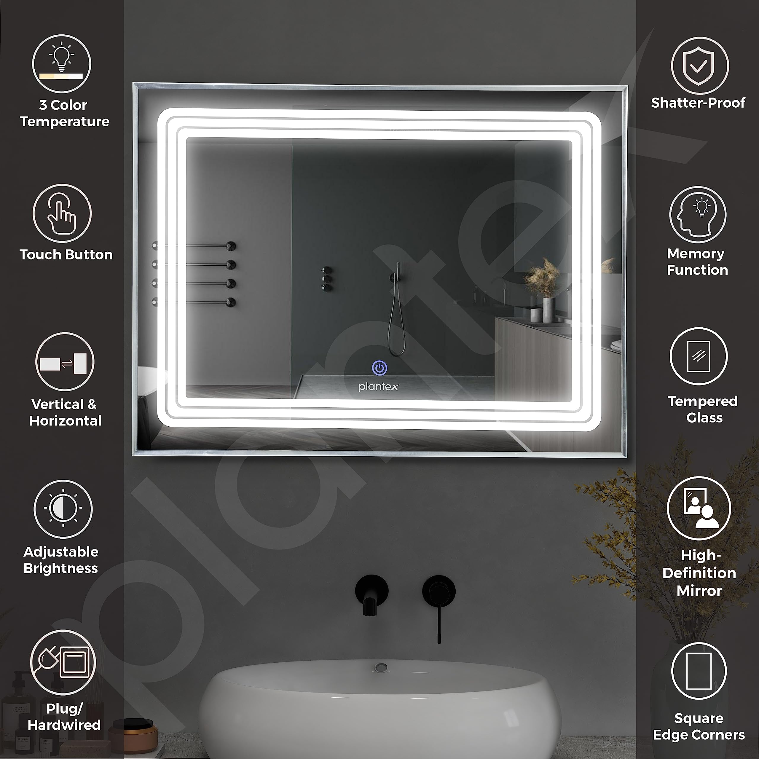 Plantex LED Mirror Glass with Sensor for Bathroom/3 Tone(White Light, Natural Light, Warm Light)/Designer Mirror for Living Room/Bedroom/Dressing Room – Rectangle Shape (18x24 inch)
