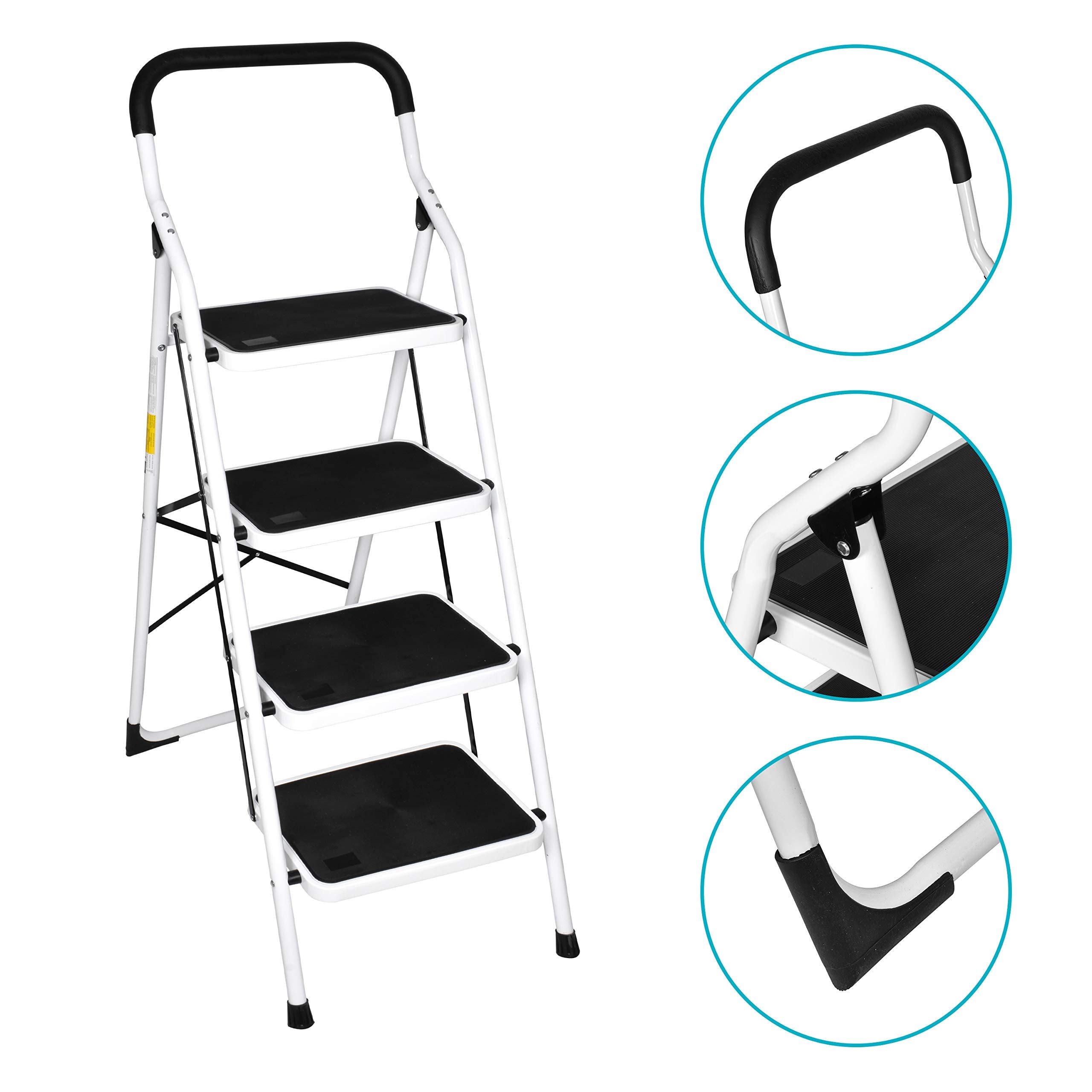 Plantex Heavy Steel Folding 4 Step Ladder for Home - 4 Wide Anti Skid Steps (White & Black)
