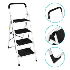 Plantex Heavy Steel Folding 4 Step Ladder for Home - 4 Wide Anti Skid Steps (White & Black)