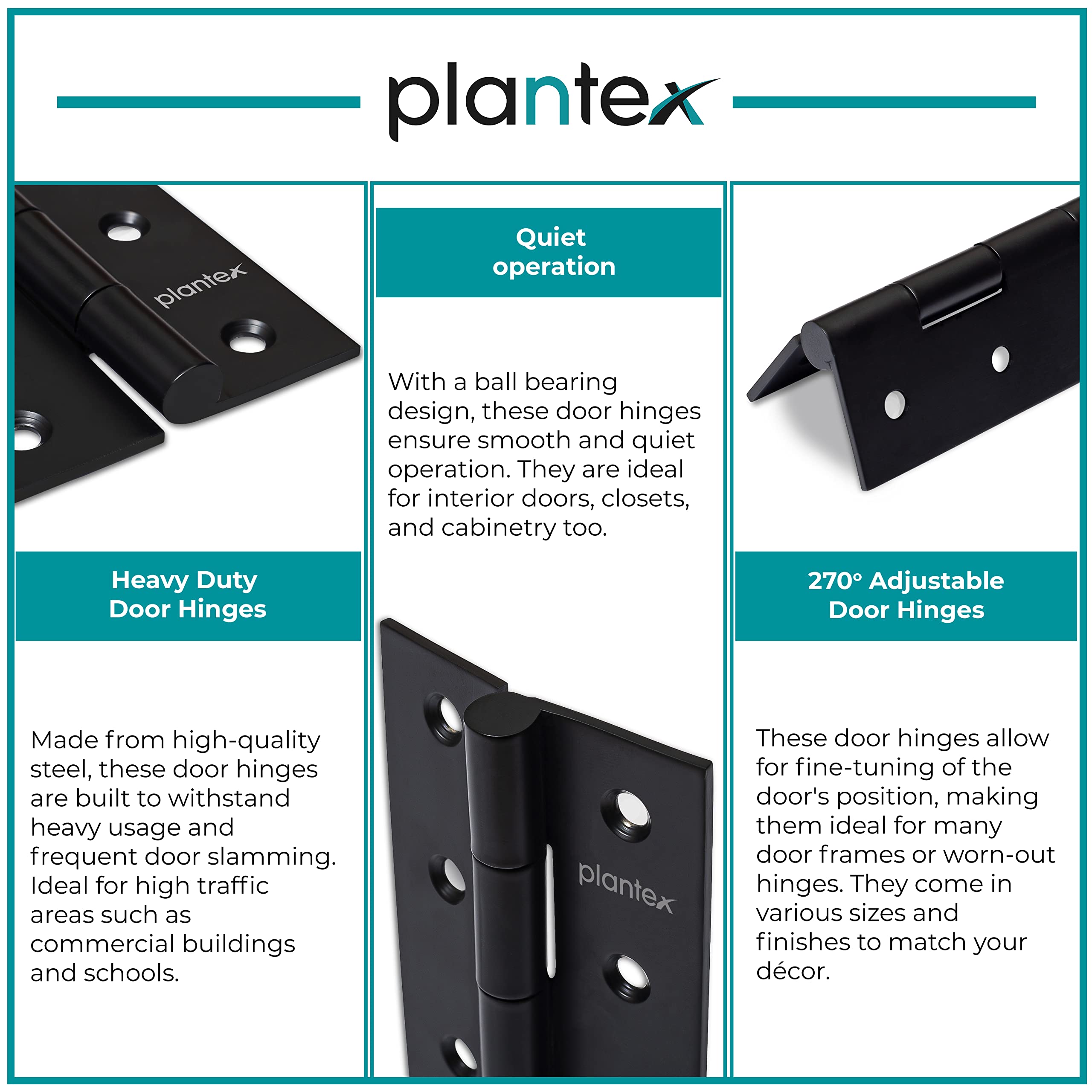 Plantex Heavy Duty Stainless Steel Door Butt Hinges 3 inch x 16 Gauge/1.5 mm Thickness Home/Office/Hotel for Main Door/Wooden/Bedroom/Kitchen - Pack of 6 (Black)