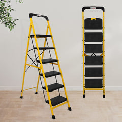 Primax Heavy-Duty GI-Steel Ladder Safety-Clutch Lock and Tool Tray/Step Ladder for Home - 6 Step (Squaro-Black&Yellow)