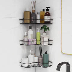 Plantex Bathroom Corner Self Adhesive Shelf/Rack/Storage Organizer - Bathroom Accessories - Pack of 3 (Metal,Black)
