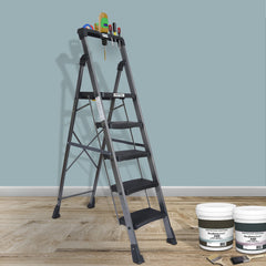 Plantex Heavy-Duty Mild-Steel Hulk Folding 5 Step Ladder for Home with Advanced Locking System - 5 Wide Step Ladder(Grey-Metallic)