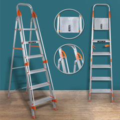 Plantex Secura 6 Step Ladder-Aluminium Foldable 6 Step Ladder with Safe Hand Rail - 5 Year Manufacturer Warranty(Orange-Silver)