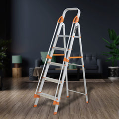 Plantex Secura Aluminium 5 Step Ladder/Foldable Ladder with Support Hand Rail/ 5 Year Manufacturer Warranty (Orange-Silver)
