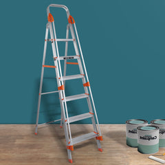 Plantex Secura 6 Step Ladder-Aluminium Foldable 6 Step Ladder with Safe Hand Rail - 5 Year Manufacturer Warranty(Orange-Silver)