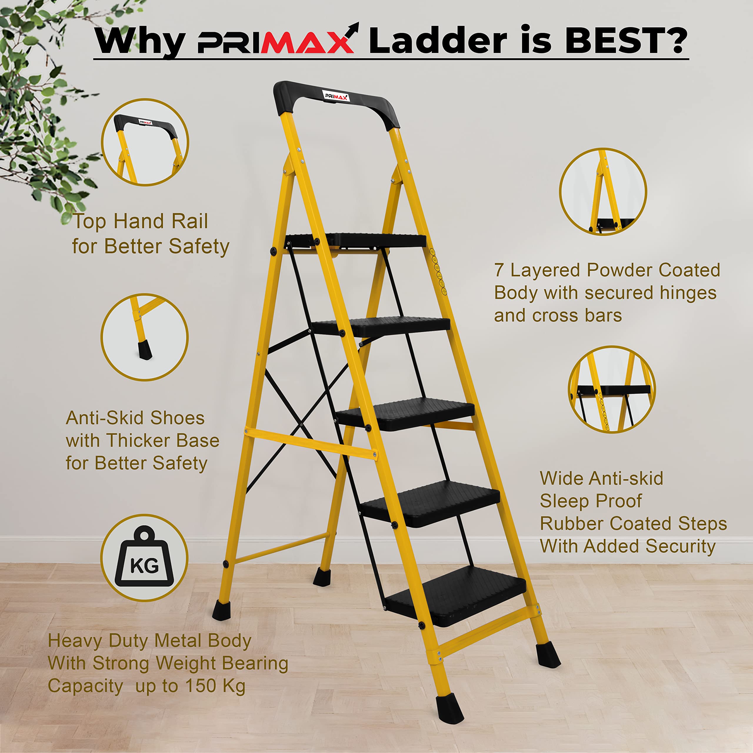 Primax Heavy-Duty GI-Steel Ladder Safety-Clutch Lock and Tool Tray/Step Ladder for Home - 5 Step (Squaro-Black&Yellow)