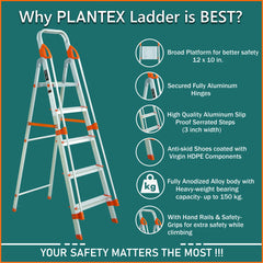 Plantex Secura Aluminium 5 Step Ladder/Foldable Ladder with Support Hand Rail/ 5 Year Manufacturer Warranty (Orange-Silver)