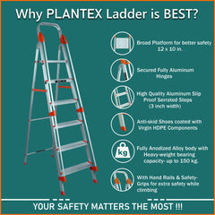 Plantex Secura Ladder for Home-Aluminium Foldable 6 Step Ladder with Safe Hand Rail (Orange-Silver)