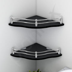 Plantex Premium Flower Glass Corner Shelf for Bathroom&Kitchen Shelf (Black, 9x9 Inches) - Pack of 2