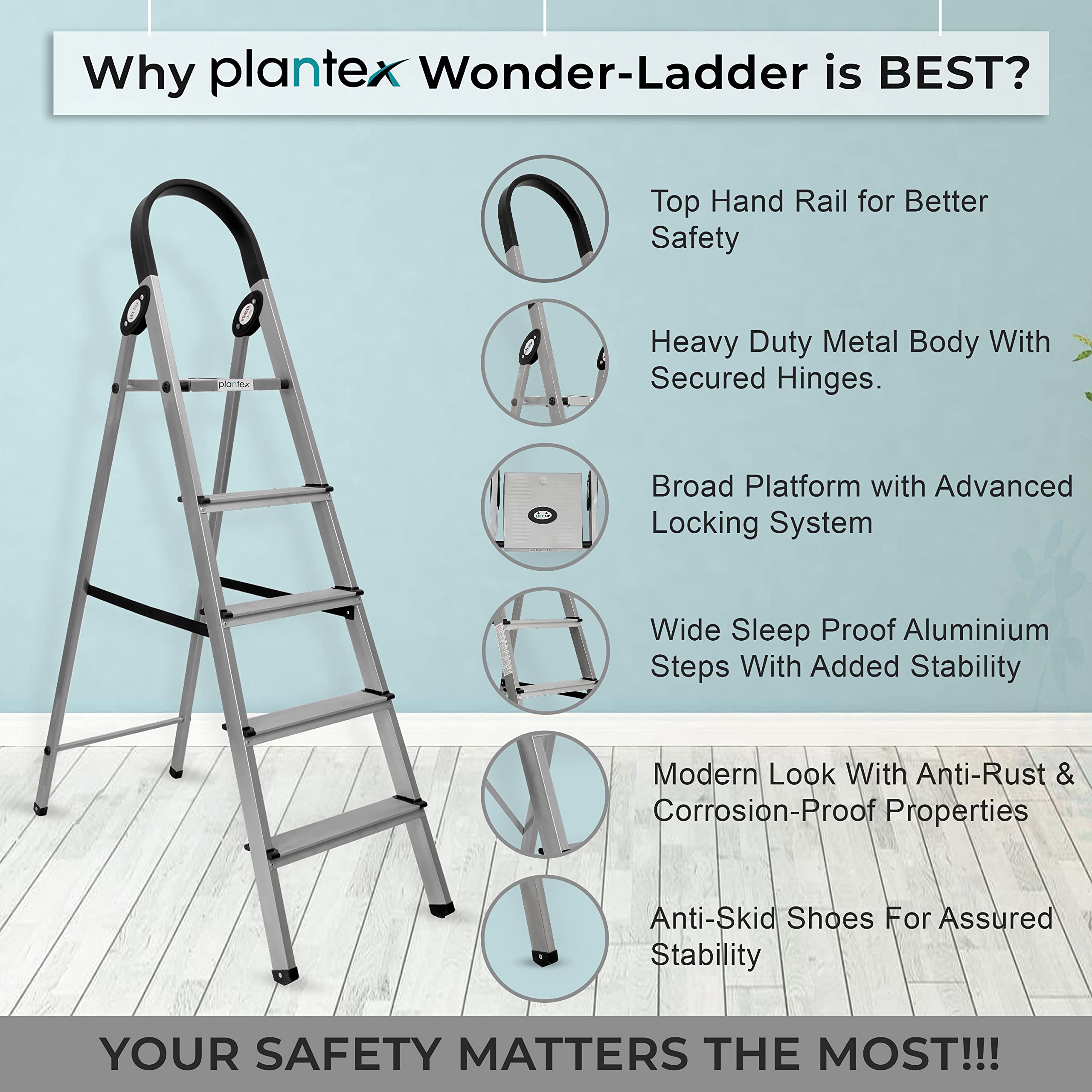 Plantex Wonder Aluminium Step Folding Ladder 5 Step for Home with Advanced Locking System - 5 Step Ladder (Silver & Black)