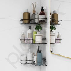 Plantex Bathroom Corner Self Adhesive Shelf/Rack/Storage Organizer - Bathroom Accessories - Pack of 3 (Metal,Black)