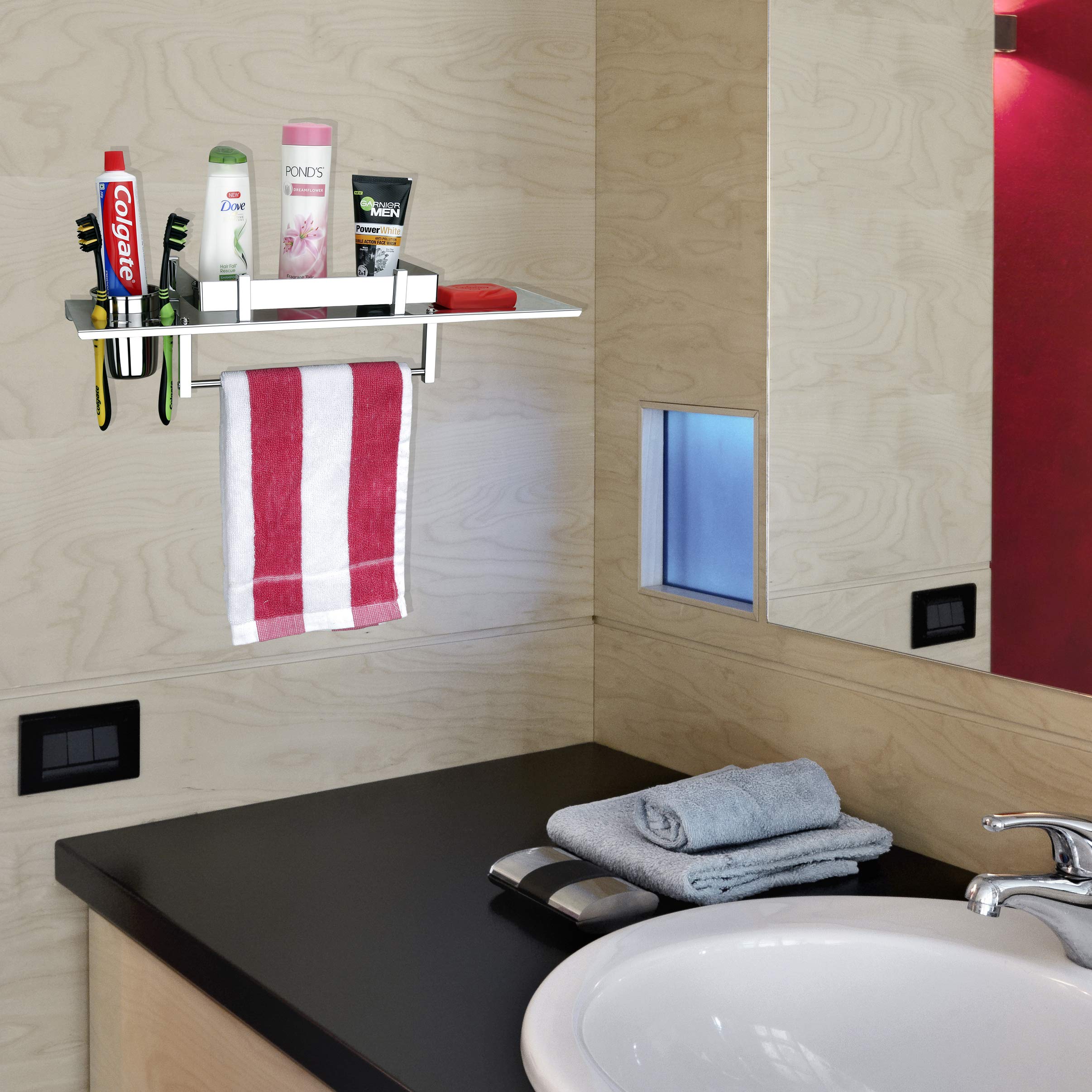 Plantex Stainless Steel 4 in 1 Multipurpose Bathroom Shelf/Rack/Towel Hanger/Tumbler Holder/Soap Dish/Bathroom Accessories (18 x 5 Inches) - Pack of 3