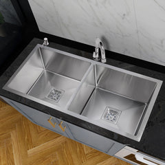 Plantex Kitchen Sink/304 Grade Stainless Steel Double Bowl Handmade Kitchen Sink with Drain Rack, Hose Pipe, Square Coupling And Other Accessories – Matt Finish ( 37 x 18 inches )