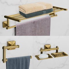 Plantex 304 Grade Stainless Steel Bathroom Accessories Set of 3 - Towel Stand/Napking Hanger/Dual Soap Holder for Bathroom - Squaro (Brass Antique)