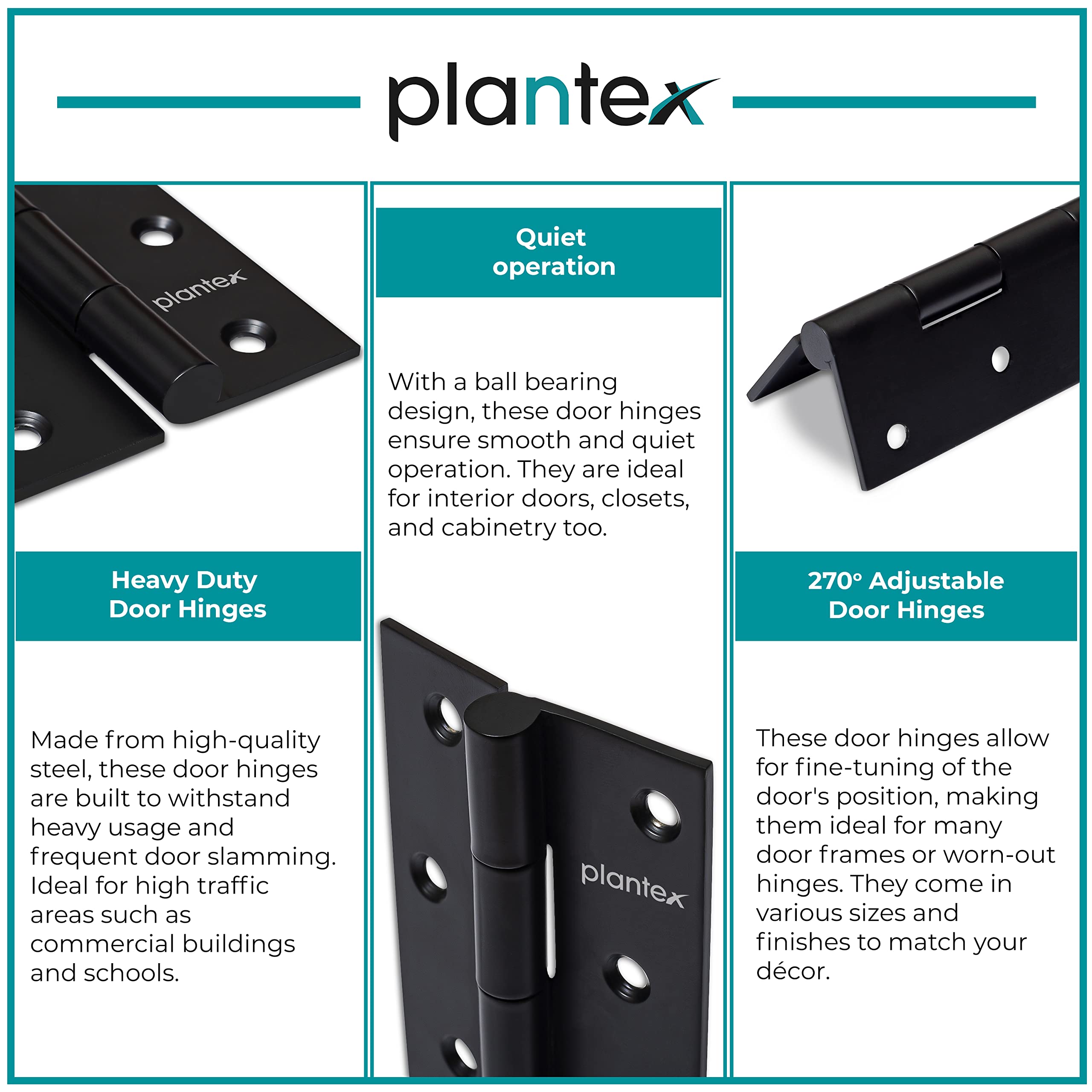 Plantex Heavy Duty Stainless Steel Door Butt Hinges 5 inch x 12 Gauge/2.5 mm Thickness Home/Office/Hotel for Main Door/Bedroom/Kitchen/Bathroom - Pack of 6 (Black)
