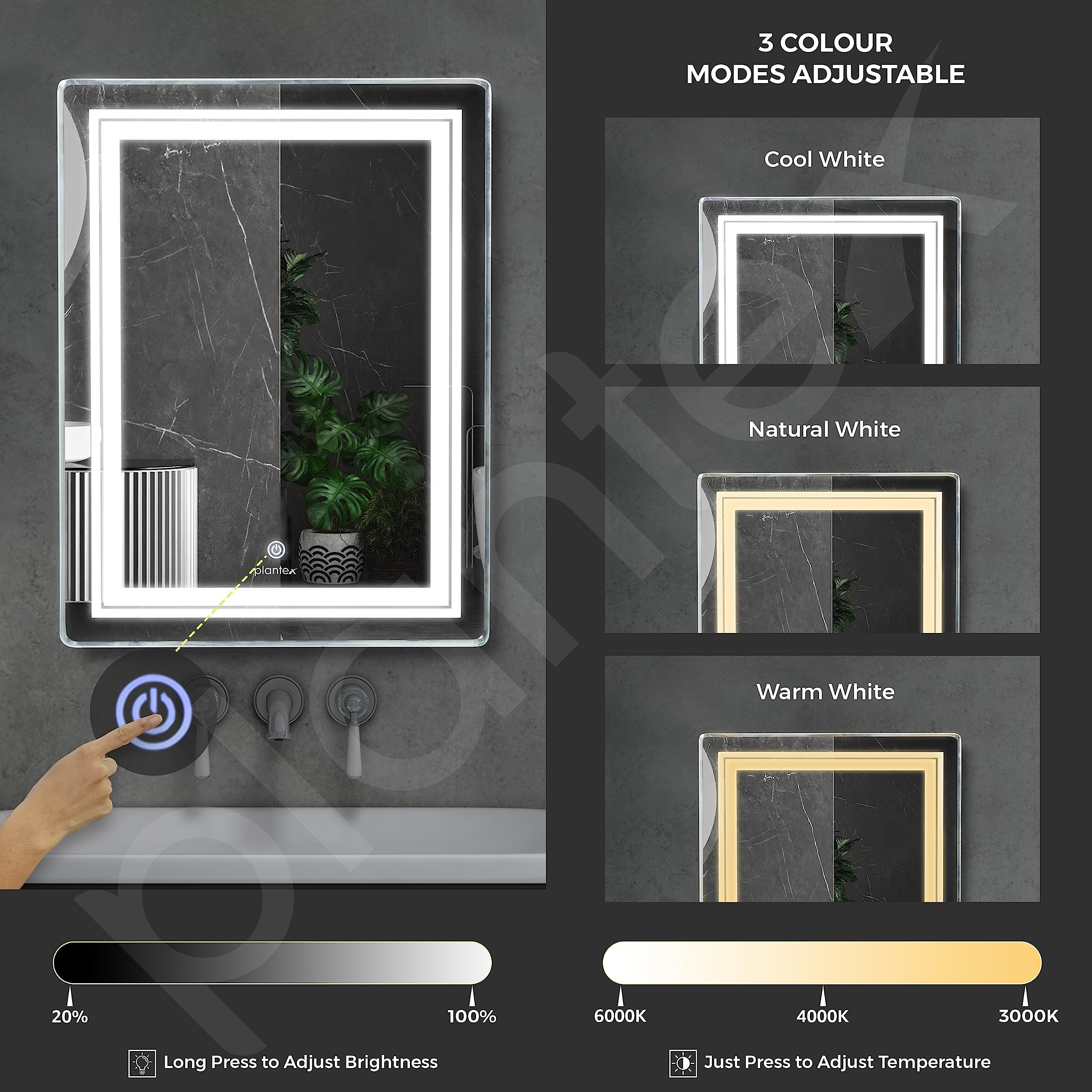 Plantex LED Mirror Glass with Sensor for Bathroom/3 Tone(White Light, Natural Light, Warm Light)/Designer Mirror for Living Room/Bedroom/Dressing Room–Rectangle Shape (18x24 inch)