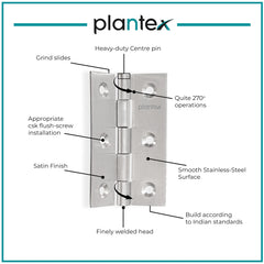 Plantex Heavy Duty Stainless Steel Door Butt Hinges 3 inch x 16 Gauge/1.5 mm Thickness Home/Office/Hotel for Main Door/Wooden/Bedroom/Kitchen - Pack of 12 (Satin Matt)