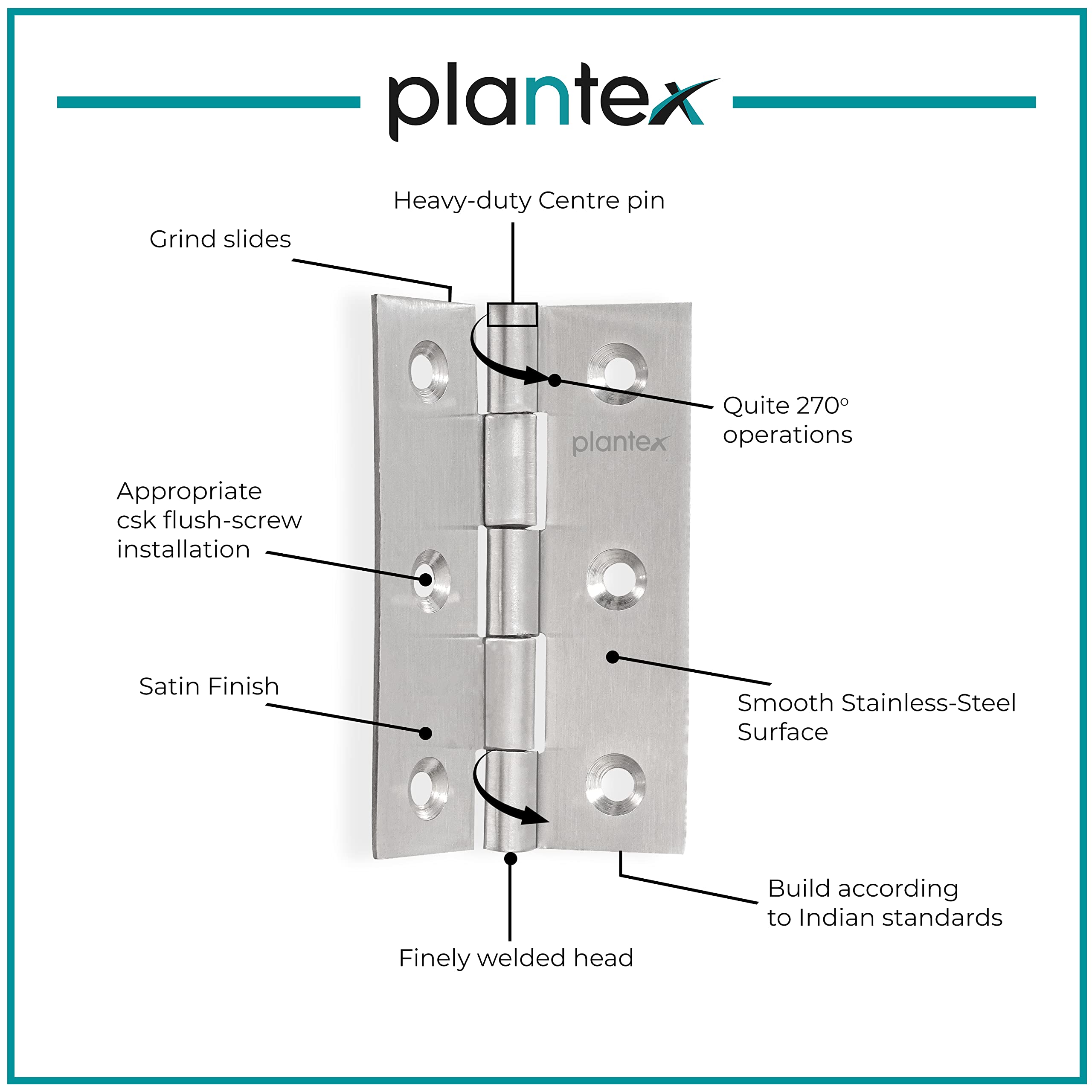 Plantex Heavy Duty Stainless Steel Door Butt Hinges 3 inch x 16 Gauge/1.5 mm Thickness Home/Office/Hotel for Main Door/Wooden/Bedroom/Kitchen - Pack of 24 (Satin Matt)
