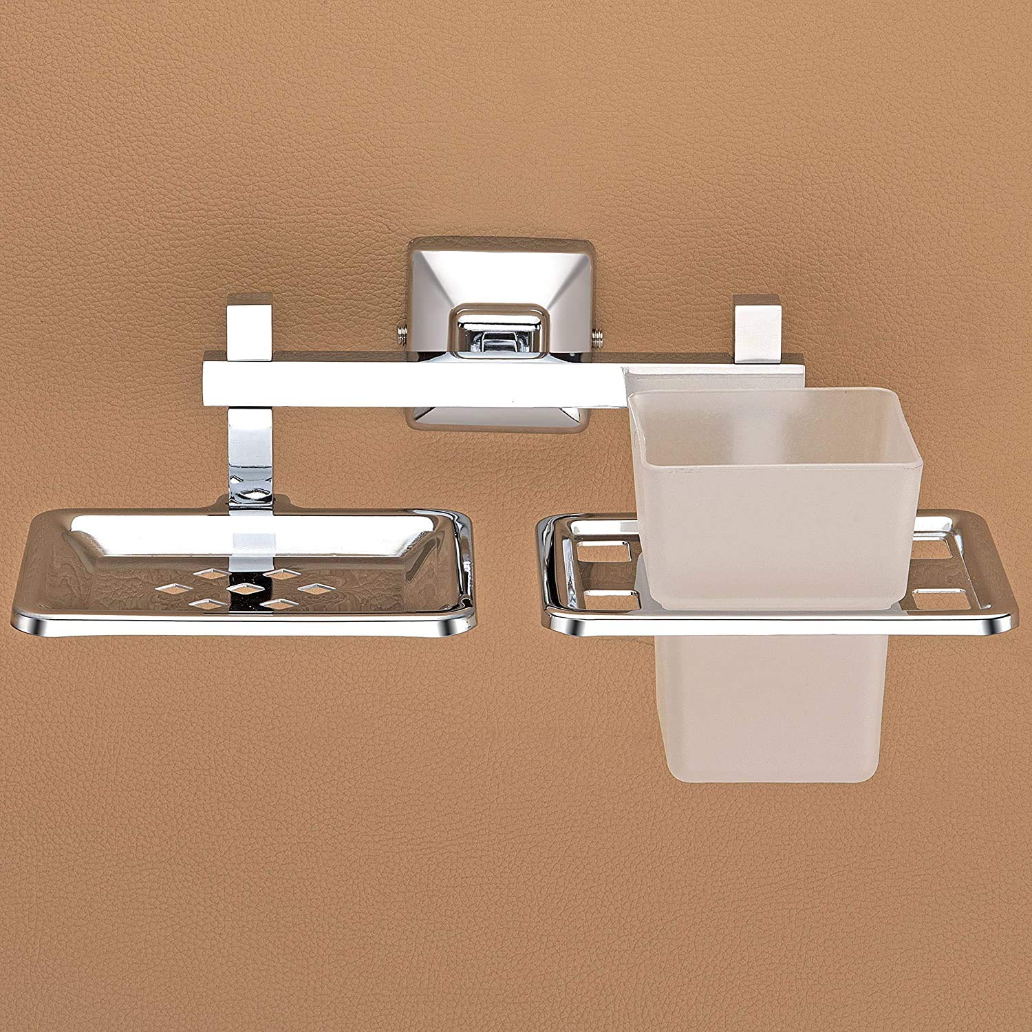 Plantex Stainless Steel 304 Grade Squaro 2in1 Soap Holder with Tumbler Holder/Bathroom Accessories(Chrome) - Pack of 2