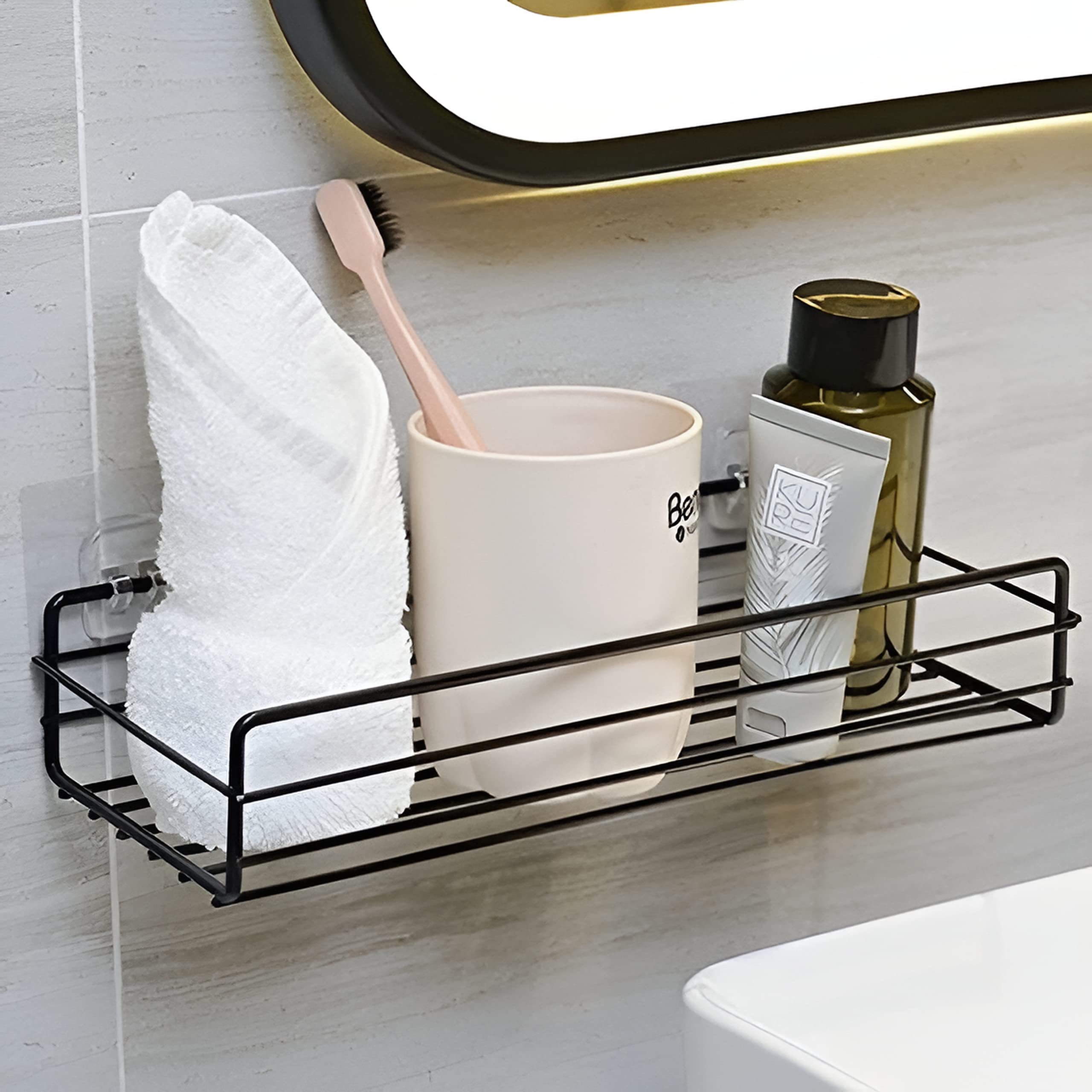 Plantex Self-Adhesive GI-Steel Bathroom Shelf-Multipurpose Rack/Organizer for Bathroom & Kitchen/Bathroom Accessories (12x5 inches,Black)