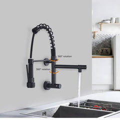 Plantex Designer Sink Faucet Brass Wall Mount Sink Tap With 2 Spout/ Double Handle High Arc (360 degree) Spring Pull Out Tap For Kitchen Sink