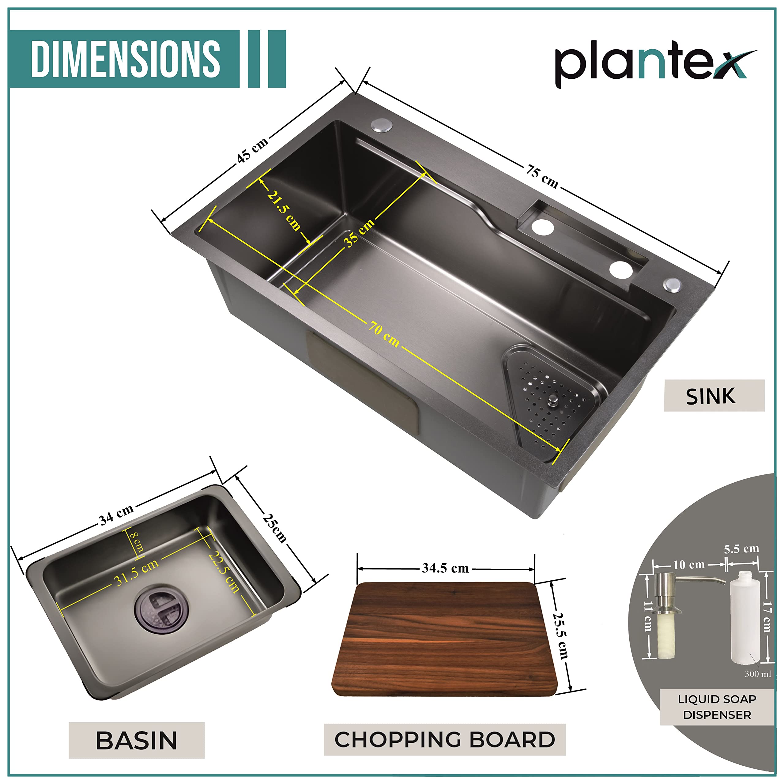 Plantex Kitchen Sink 304 Grade with Integrated Waterfall and Pull-down Faucet with Sink Accessories (30x18x9 inch - Black Nano Coating)