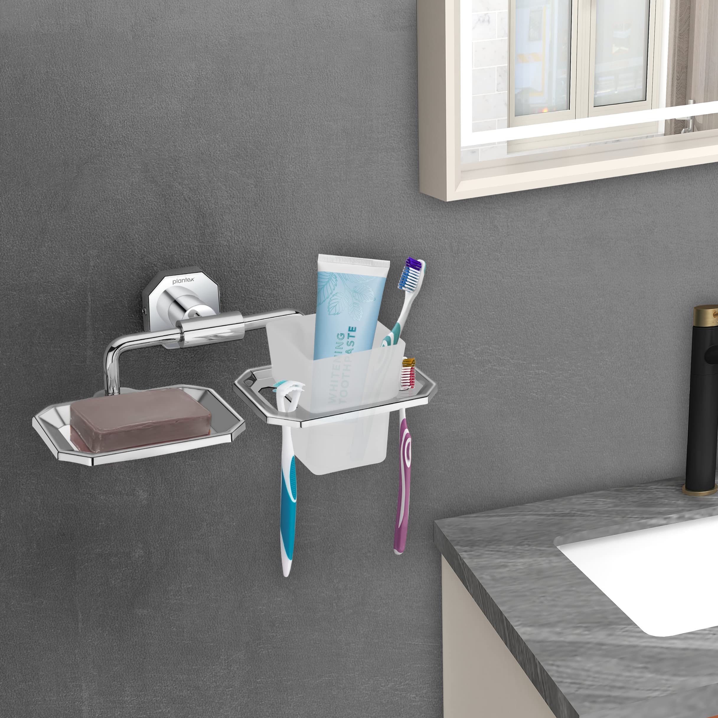 Plantex Nipron Bathroom soap Holder and Brush Stand for wash Basin (304 Stainless Steel)