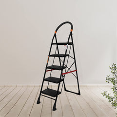 Primax 5-Step Foldable Ladder with Safety-Clutch Lock and Ribbed Steps/Step Ladder/GI Steel Ladder for Home(Primo-Black&Orange)