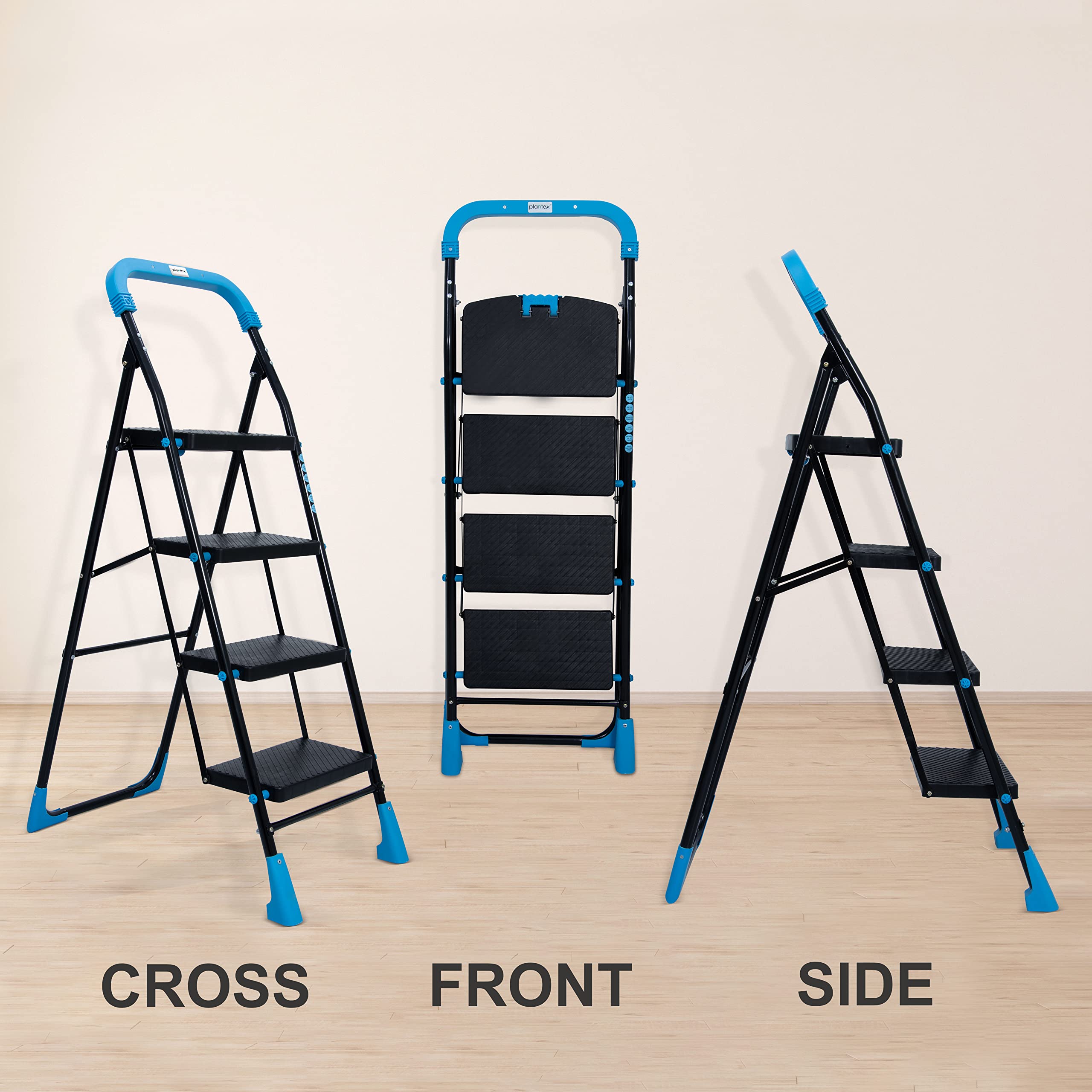 Plantex Heavy-Duty Mild-Steel Stylo Folding 4 Step Ladder for Home with Advanced Locking System - 4 Wide Step Ladder/Anti Skid Step Ladder(Black & Blue)