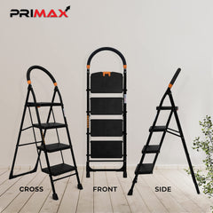 Primax 4-Step Foldable Ladder with Safety-Clutch Lock and Ribbed Steps/Step Ladder/GI Steel Ladder for Home(Primo-Black&Orange)