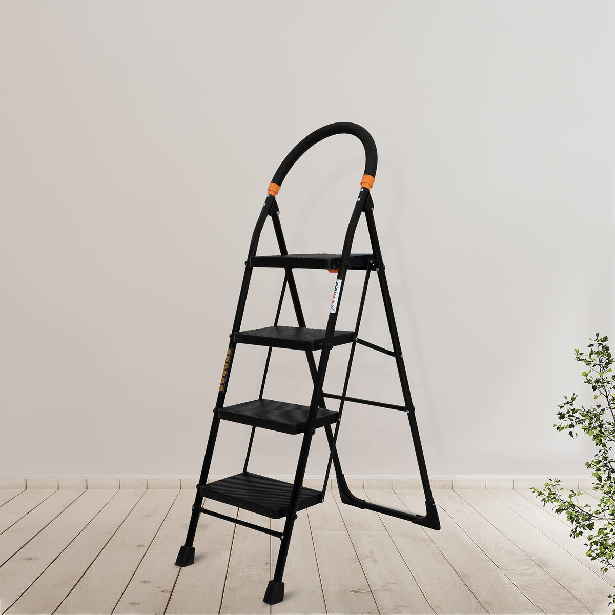 Primax 4-Step Foldable Ladder with Safety-Clutch Lock and Ribbed Steps/Step Ladder/GI Steel Ladder for Home(Primo-Black&Orange)