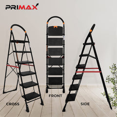Primax 6-Step Foldable Ladder with Safety-Clutch Lock and Ribbed Steps/Step Ladder/GI Steel Ladder for Home(Primo-Black&Orange)