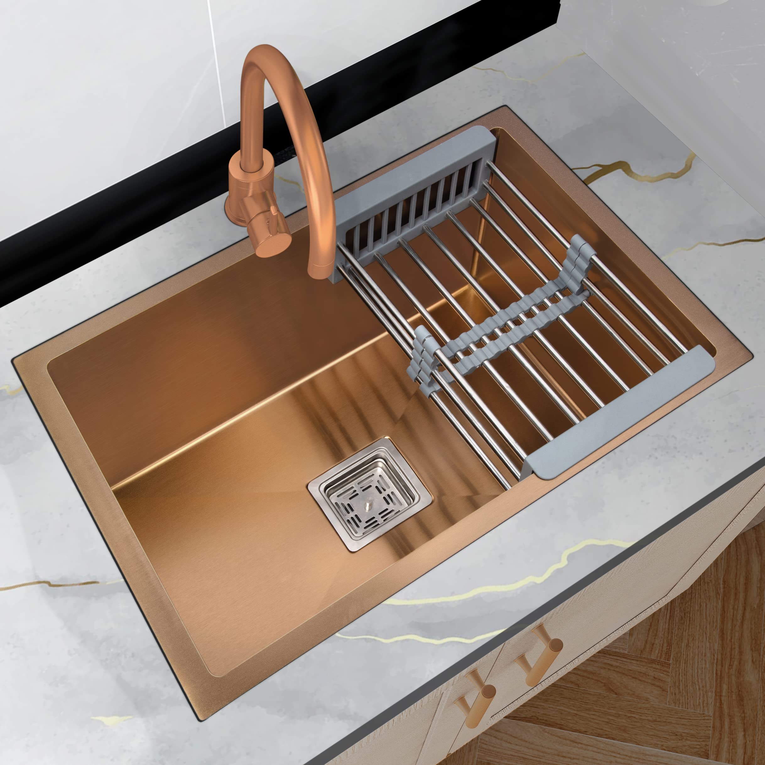 Plantex Kitchen Sink/Stainless Steel Single Bowl Handmade Kitchen Sink with Drain Rack, Hose Pipe and Square Coupling – Rose Gold Finish (24 x 18 inches)