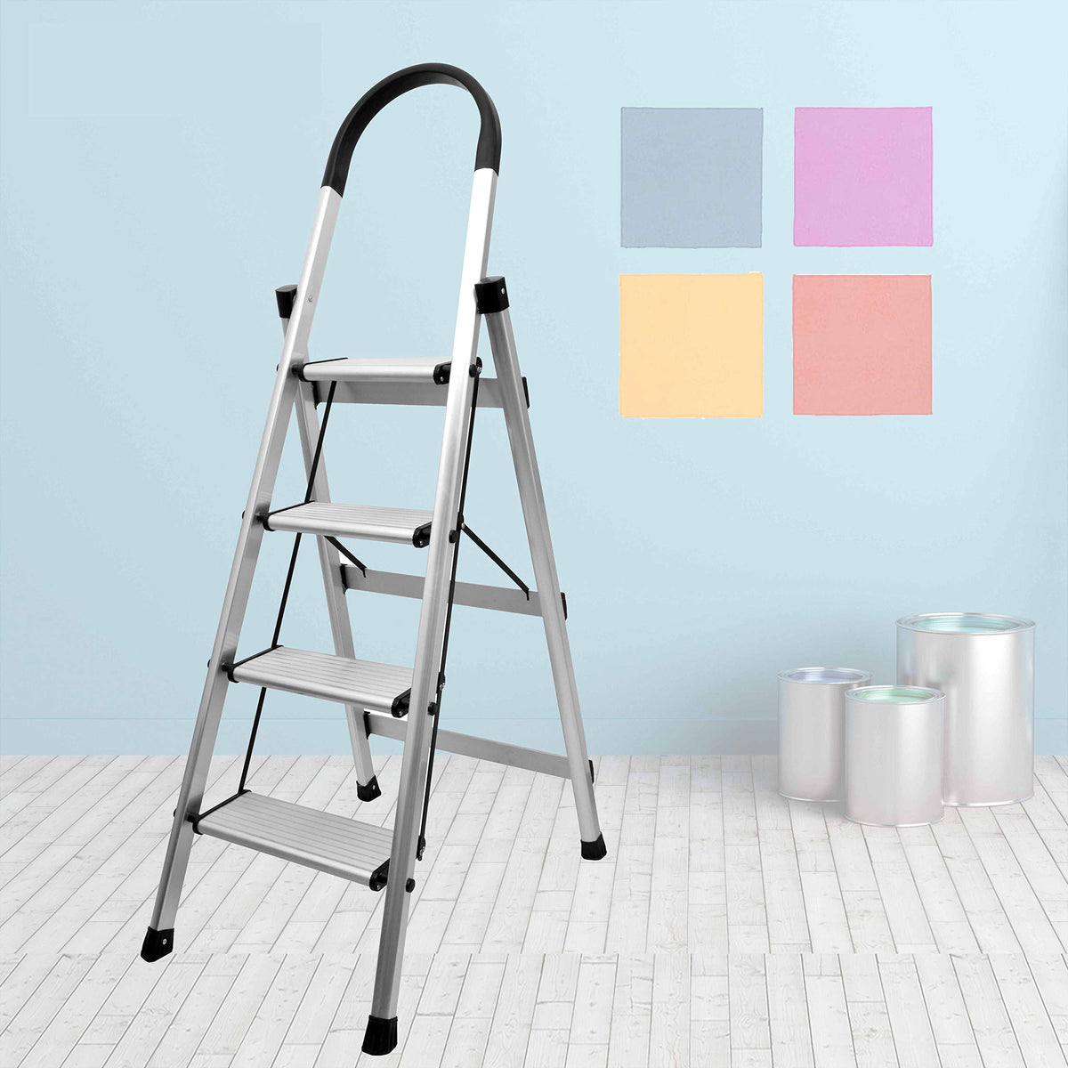 Plantex Premium 4 Step Folding Aluminium Ladder for Home Use/Wide Anti Skid Step Ladder(Anodize-Silver)