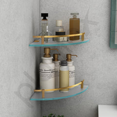 Plantex Premium Frosted Glass Corner/Shelf for Bathroom/Wall Shelf/Storage Shelf (9x9 Inches) - Pack of 2 (Brass Antique)